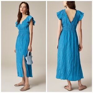 J Crew Palermo Viscose Blend Crinkle Sea Blue Travel Midi Dress Size LP NWT